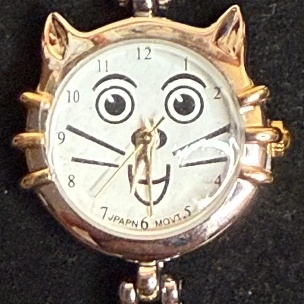 Gold Silver Kitten Japan Movement Stainless Steel Back Wrist Watch NWT